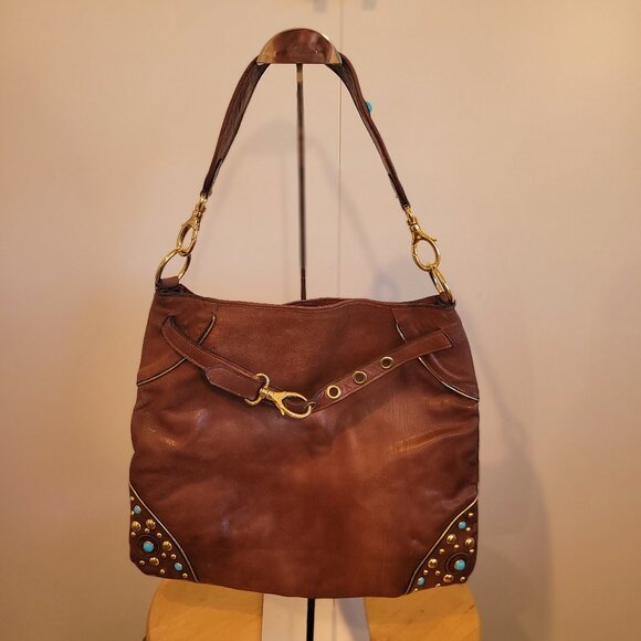 Brown Leather Studded Shoulder Bag - Picture 1 of 13